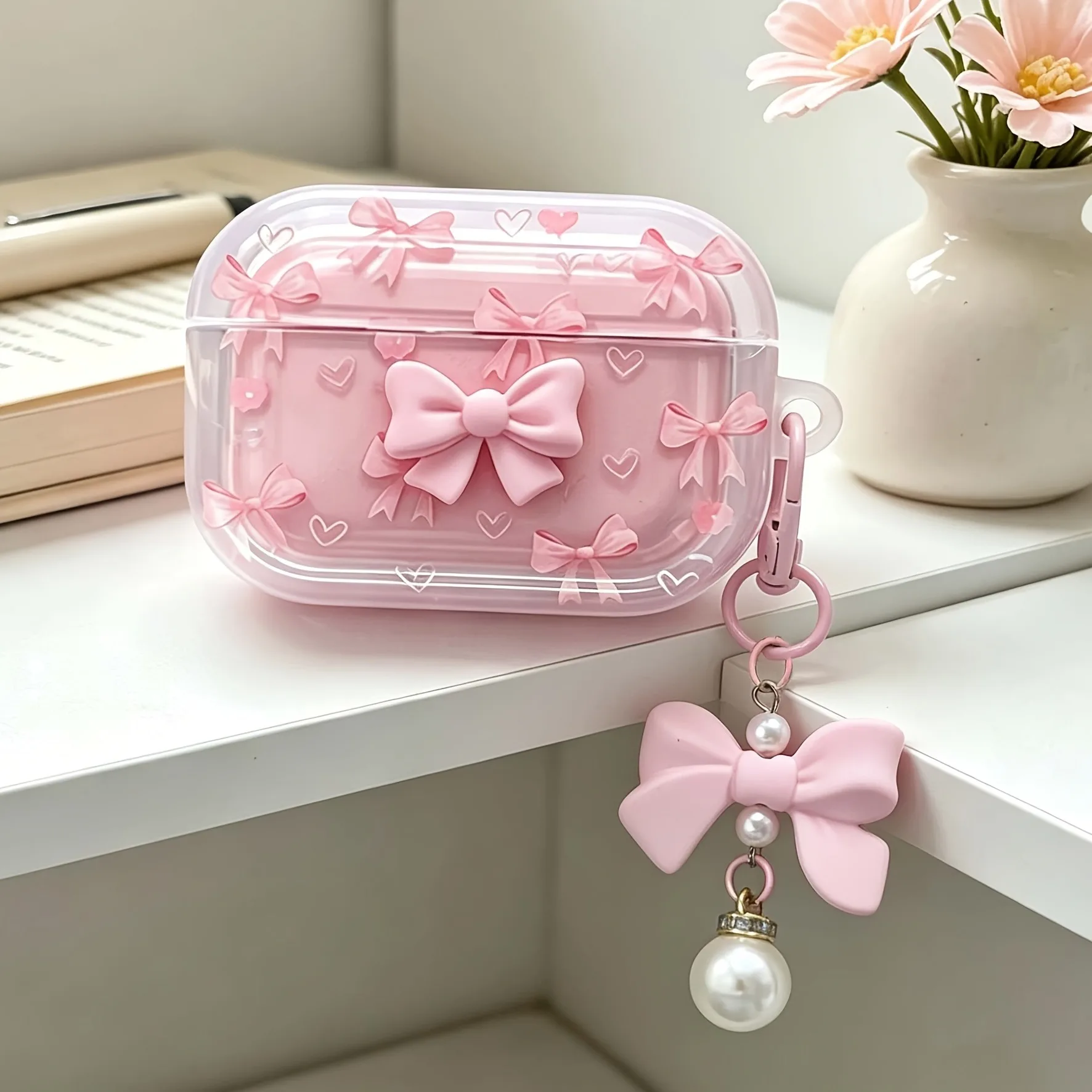 Cute Pink 3D Bow AirPods Case with Pearl Pendant Keychain - Image 4