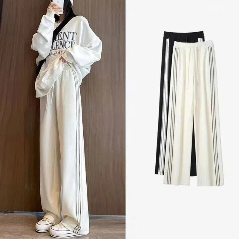 New 2024 Women's Summer Patchwork Elasticized Drawstring Pocket Fashion Solid Color Loose Minimalist Casual Straight Pants