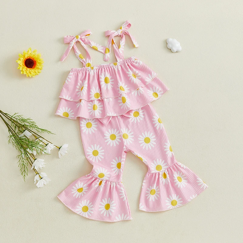 Description Picture 6 of itemKids Girls 2 Piece Outfits Floral Print Tie up Straps Sleeveless Camisole and Elastic Flared Pants Summer Clothes