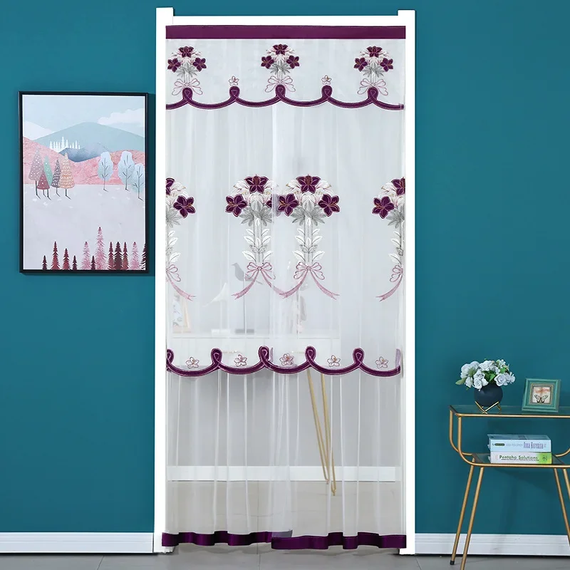 Punch-free Mosquito Screen Curtain Curtain, Breathable Bedroom Partition Curtain Double Layer Lace Lily Embroidered Door Curtain