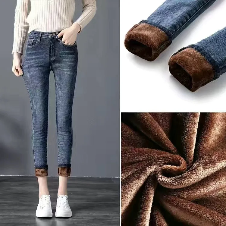 

2022 Winter Jeans Women Gold Fleeces Inside Thickening Denim Pants High Waist Warm Trousers Female jeans woman Pants Plus size