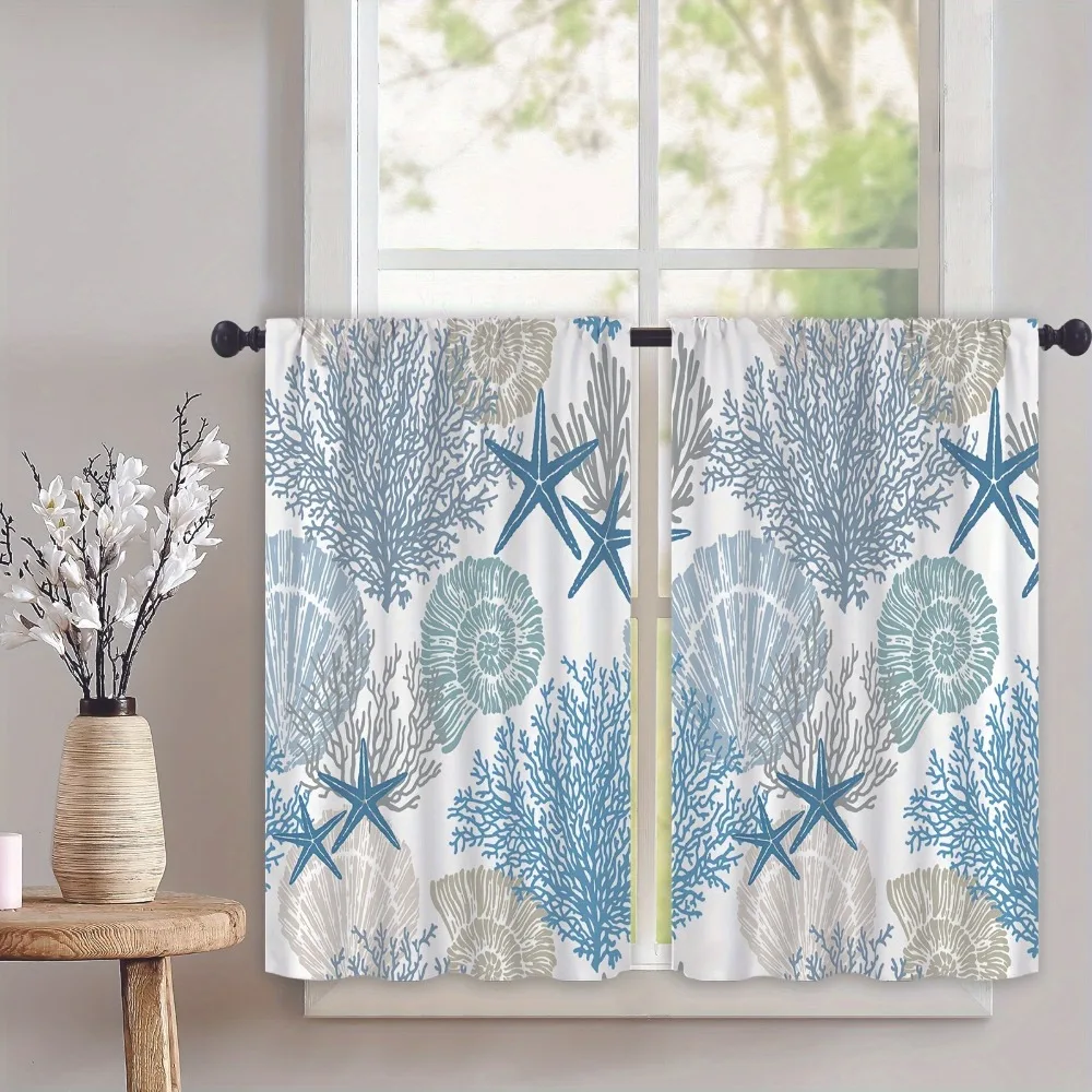 Description Picture 5 of item2Pcs Beach Coastal Starfish Kitchen Curtain Nautical Summer Window Treatment for Living Room Home Decor Cafe Cabinet Decoration