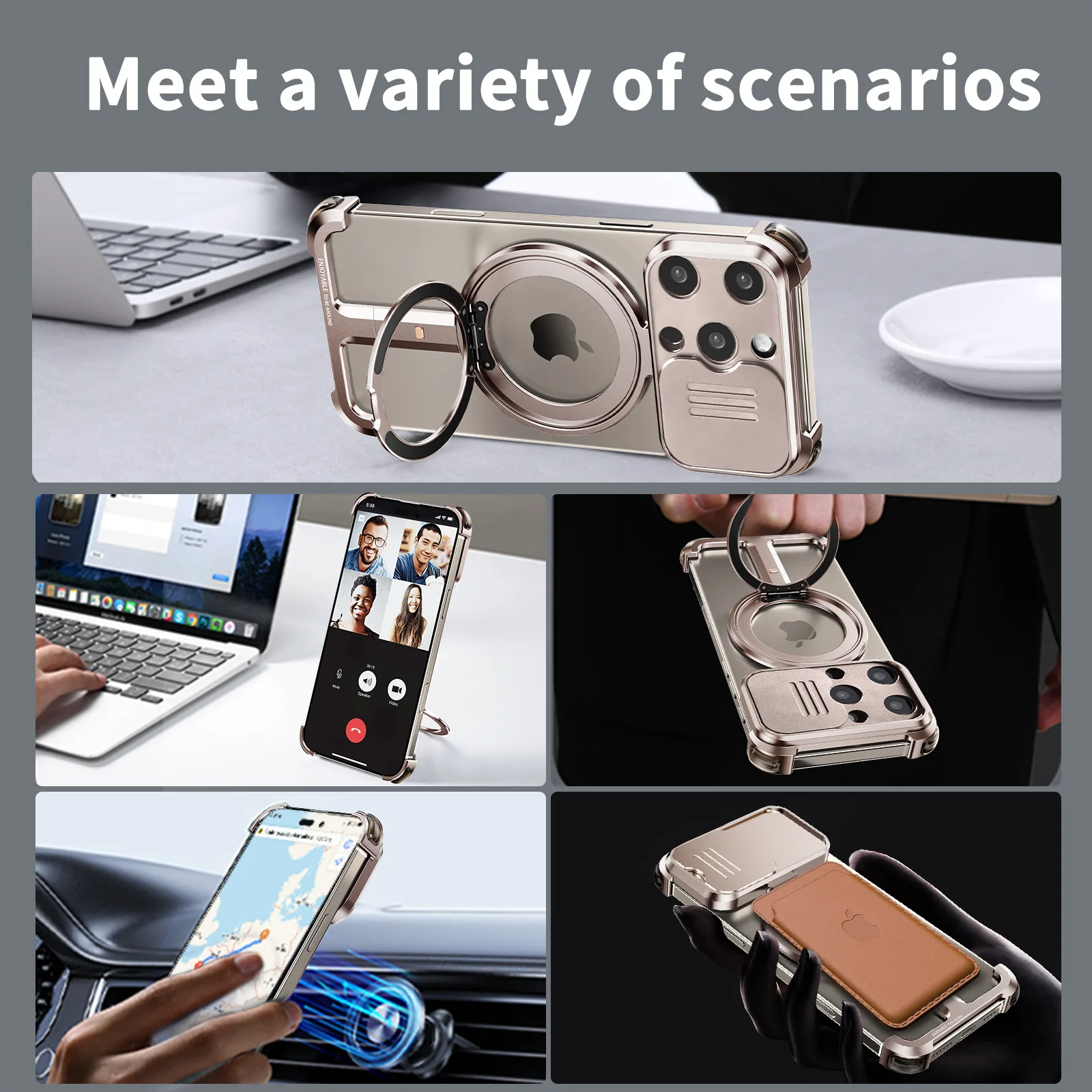 Eary Desert Titanium Phone Case for iPhone 16 15 Pro Max with MagSafe 360° Rotation Magnetic Stand Full Camera Lens Protection