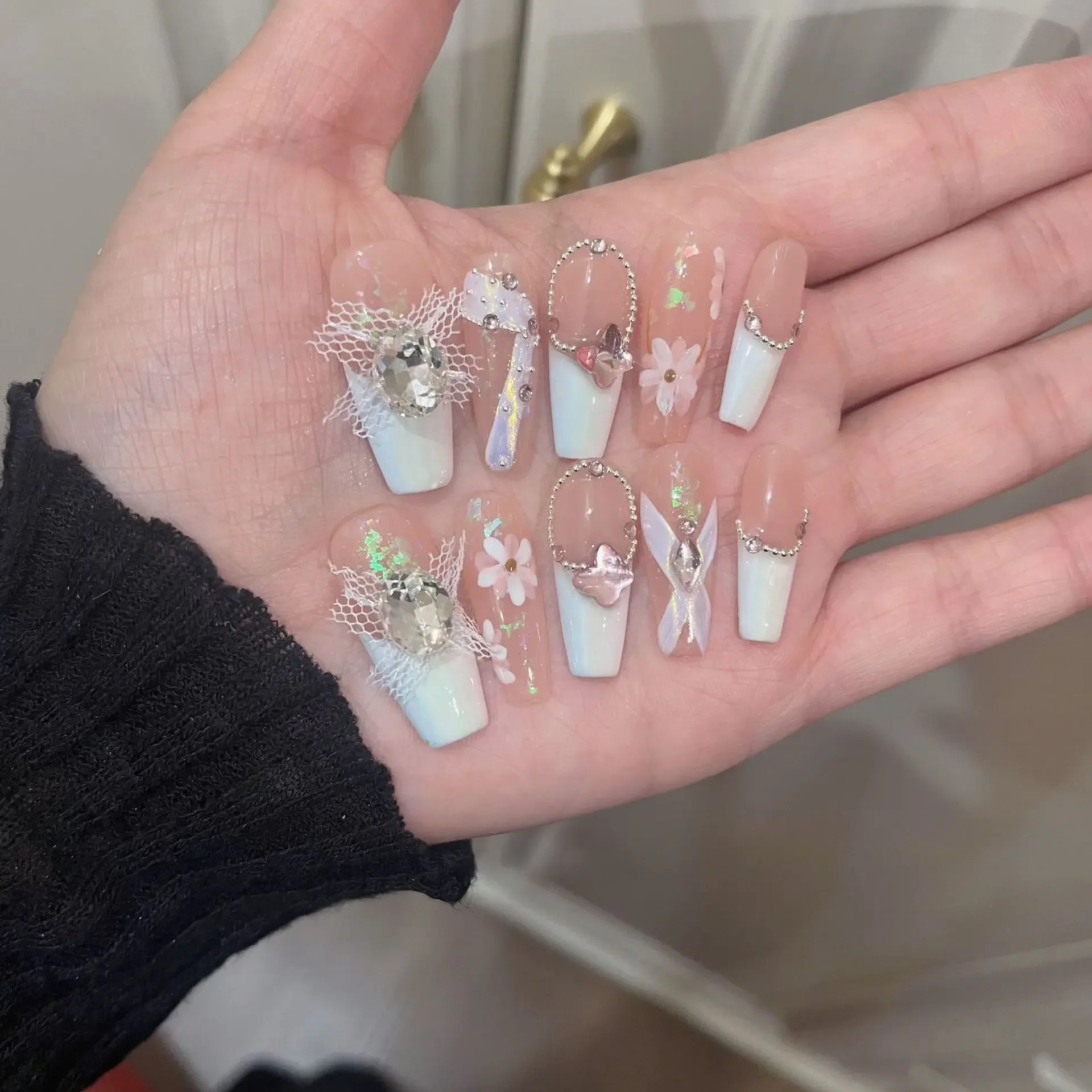 

10Pcs Pink Handmade Press on Nails Butterfly Ballet Long Rhinestone Full Cover French Fake Nail Manicure Wearable Nail Tips Art