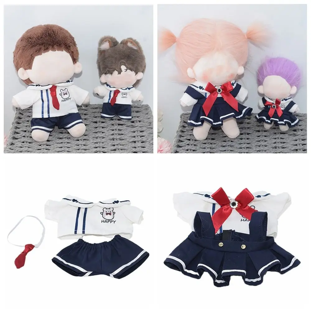 

White&Navy Blue Doll Clothes Bowknot 10/20cm Miniature School Uniform Playing House Cosplay Shirt Pants Set Cotton Stuffed Doll