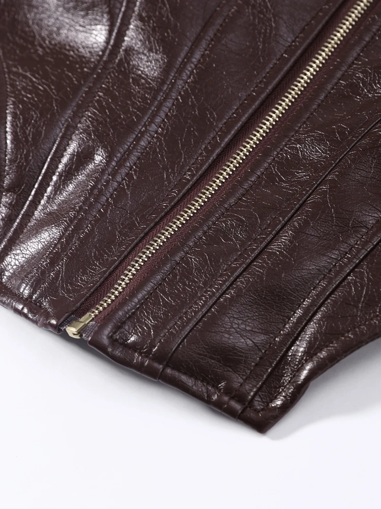 Faux Leder Stehkragen Abgeschnitten Jacke Frauen Straße Lange Sleeve Zipper Asymmetrische Herbst 2025, Mäntel Mode Damen Oberbekleidung – Detail 25