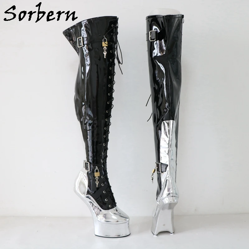 Sorbern Exotic Mid Thigh High Boots for Cosplay Women Heelless Horse Shoes Lace Up Fetish Shoes Platform Boot No Heels