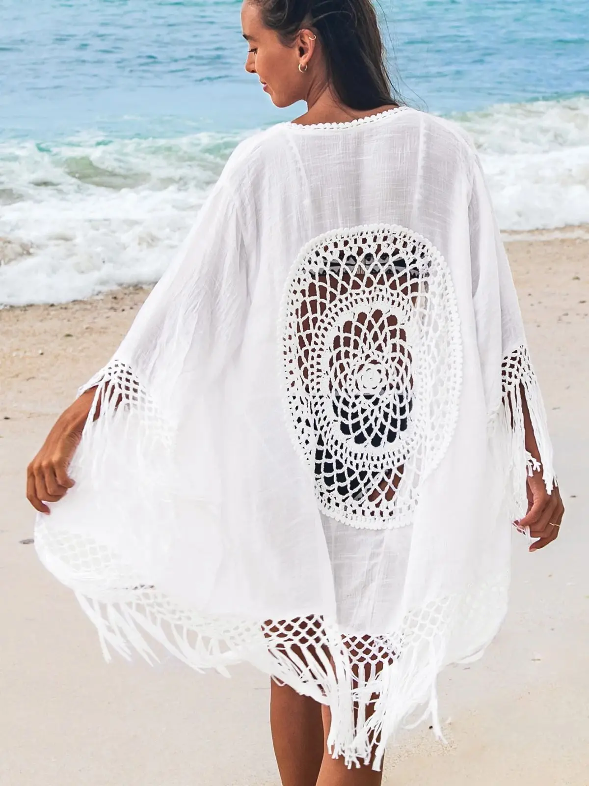 Crochet bikini beach cover up sexy long kimono swimsuit for women summer