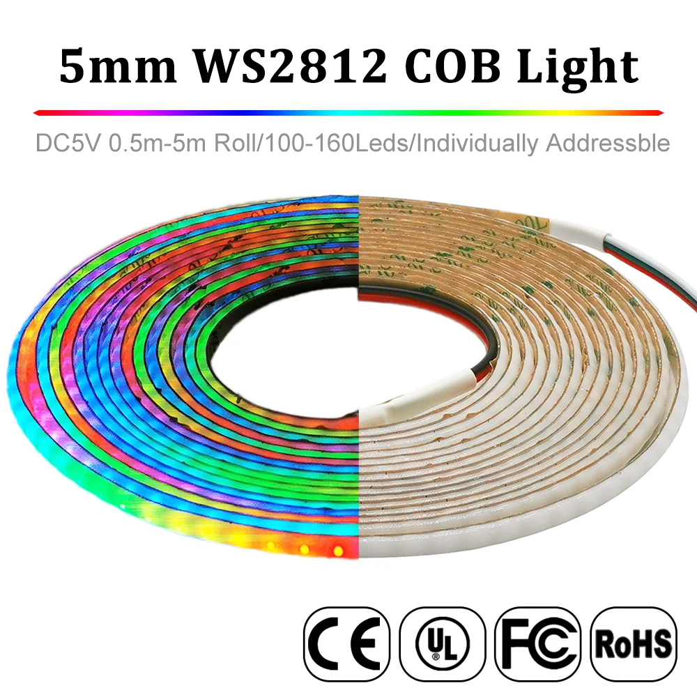 5V WS2812B RGBIC COB LED Strip 5mm WS2812 Individually Addressable Flexible 60 100 160Leds/M High Density Dream Color Tape Light