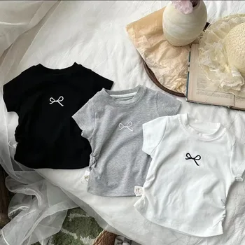 2-12Y Girls' Short Sleeved T-shirt Pure Cotton 2025 Summer New Kids Shirts Korean Children's Baby Embroidery Bow Slim Fit Tops 1