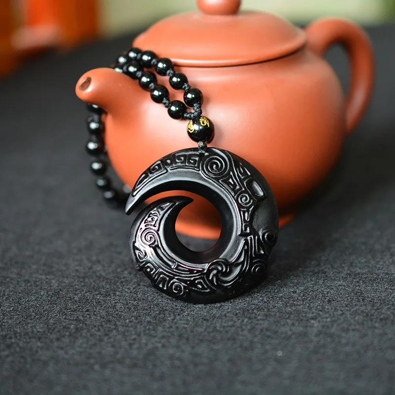

Natural Black Obsidian Rune Pendant Necklace Double-sided Carved Fashion Charm Jewelry Accessories Amulet Gifts for Women Men