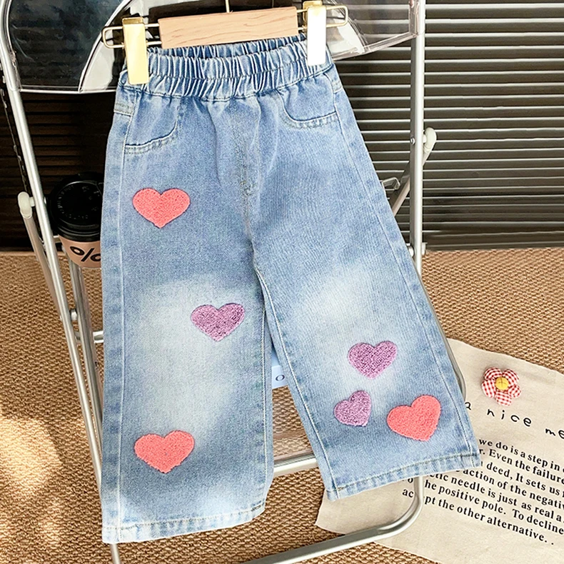 بنطلون جينز للفتيات مستقيم وفضفاض بتصميم مغسول ناعم من الدنيم، موديل خريفي جديد للفتيات الصغيرات، بنطلون واسع الساق متعدد الاستخدامات