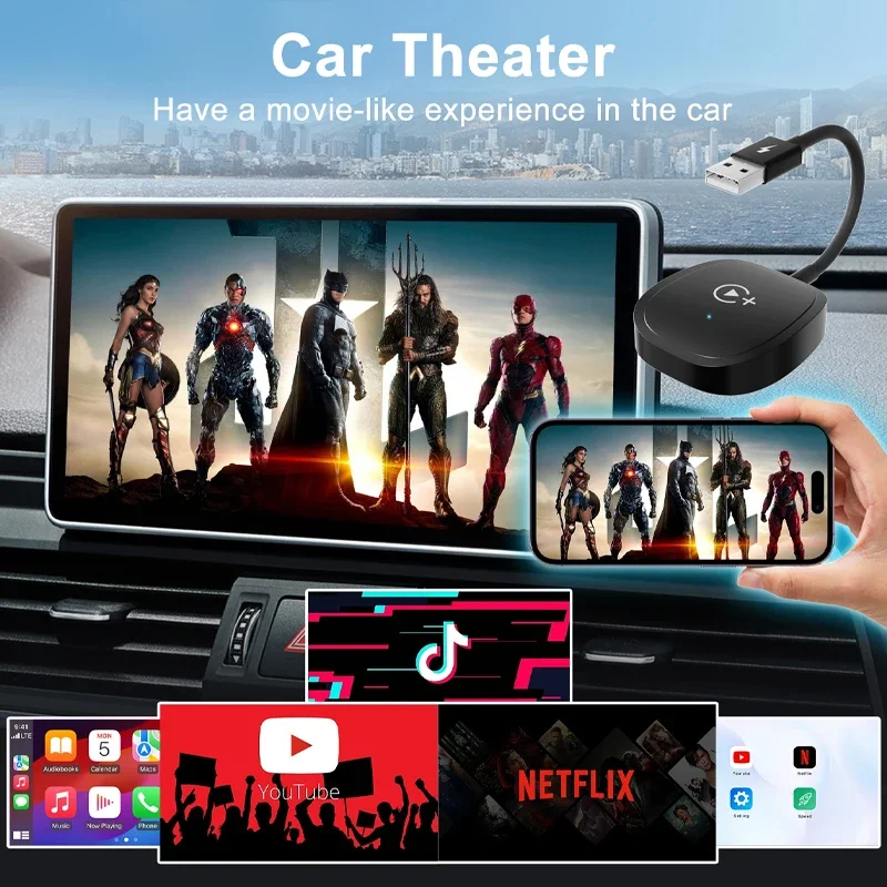 Wireless Video Carplay Adapter with Netflix/YouTube/ TikTok for OEM Wireless CarPlay Cars for iphone 6-16 600 Car Models
