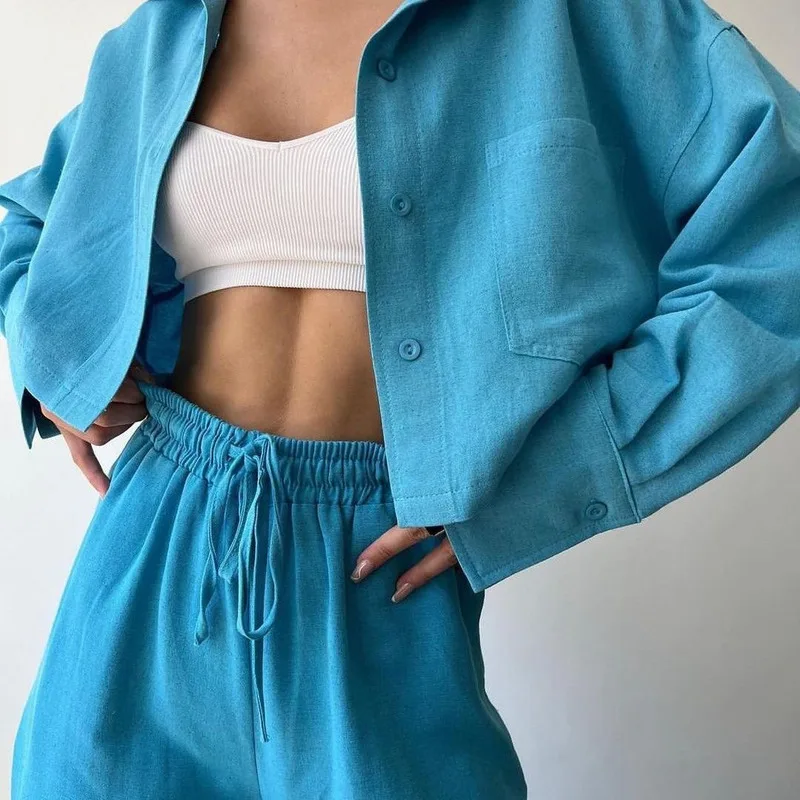 Spring Summer Autumn Monochrome Thin Long-sleeved Sports Casual Long-sleeved Shirt Two Sets of New Short Shirt Drawstring Pants