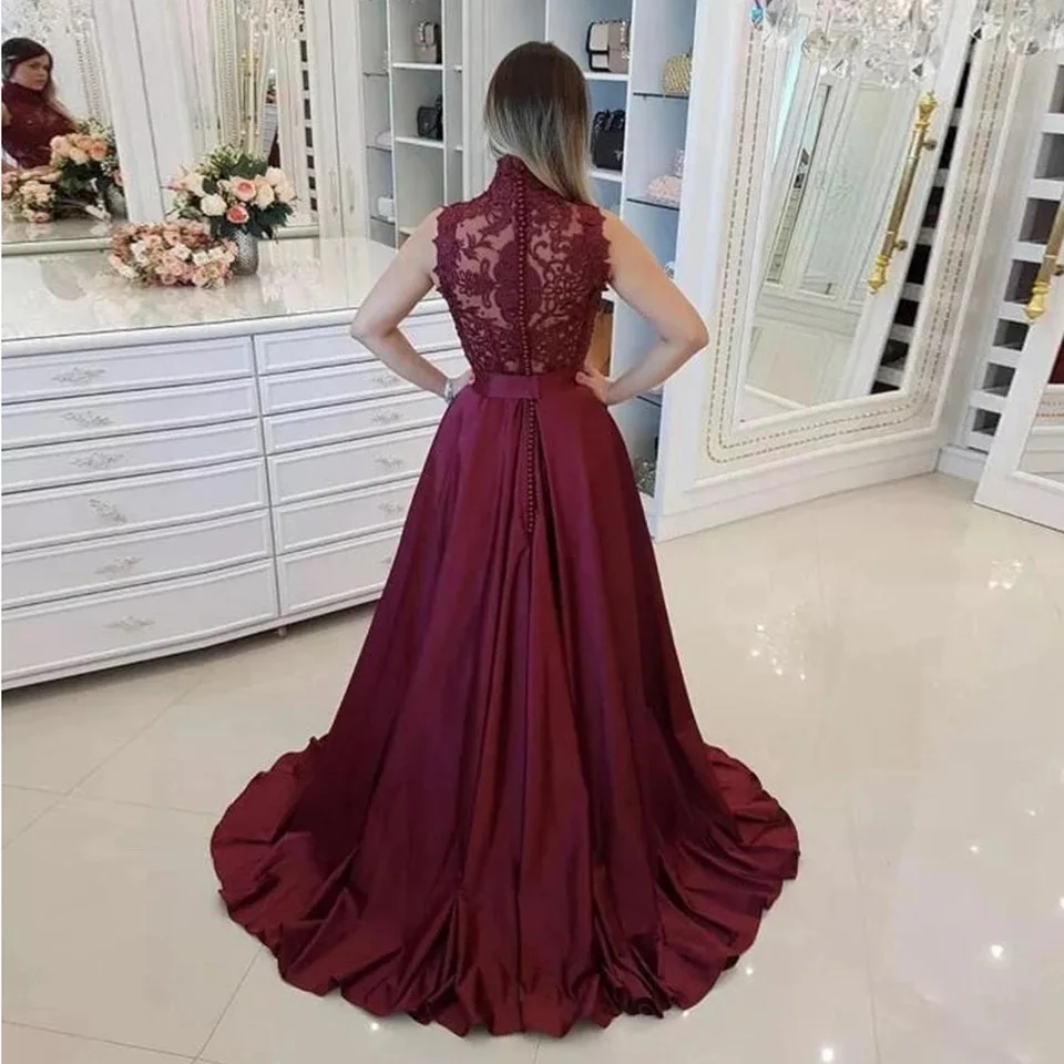 yellow prom dresses Burgundy High Neck Long Prom Dresses Sleeveless Lace Appliques Sequined Floor Length Elegant Satin Party Evening Gown For Women long prom dresses