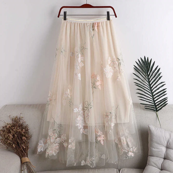 red skirt Woman Skirts 2021 Korean style Fashion Elastic Waist Embroidery Floral Mesh Skirt Long Gauze Ball Gown Beige Girl Student crop top and skirt