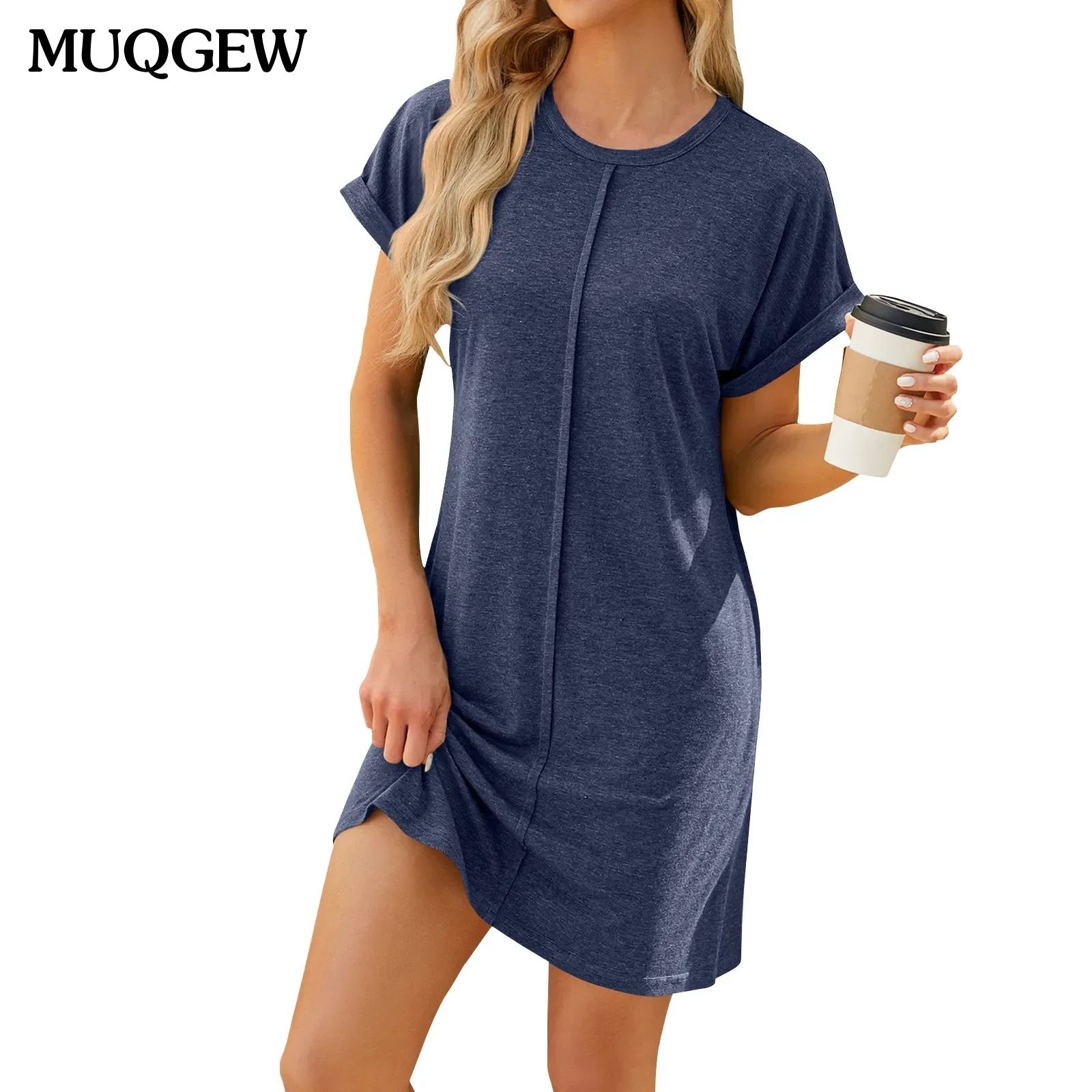 

Women Casual Summer Dress Soild Color Short Sleeve Tunic Dress Comfortable Vintage Straight Robe Ladies Mini Vestidos