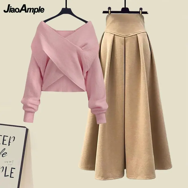 Women's Autumn Winter New Fashion Cross Knit Sweater Midi Skirt Two Piece Suit Korean Elegant Loose Pullover Dress Matching Set 3