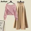 Women's Autumn Winter New Fashion Cross Knit Sweater Midi Skirt Two Piece Suit Korean Elegant Loose Pullover Dress Matching Set 3