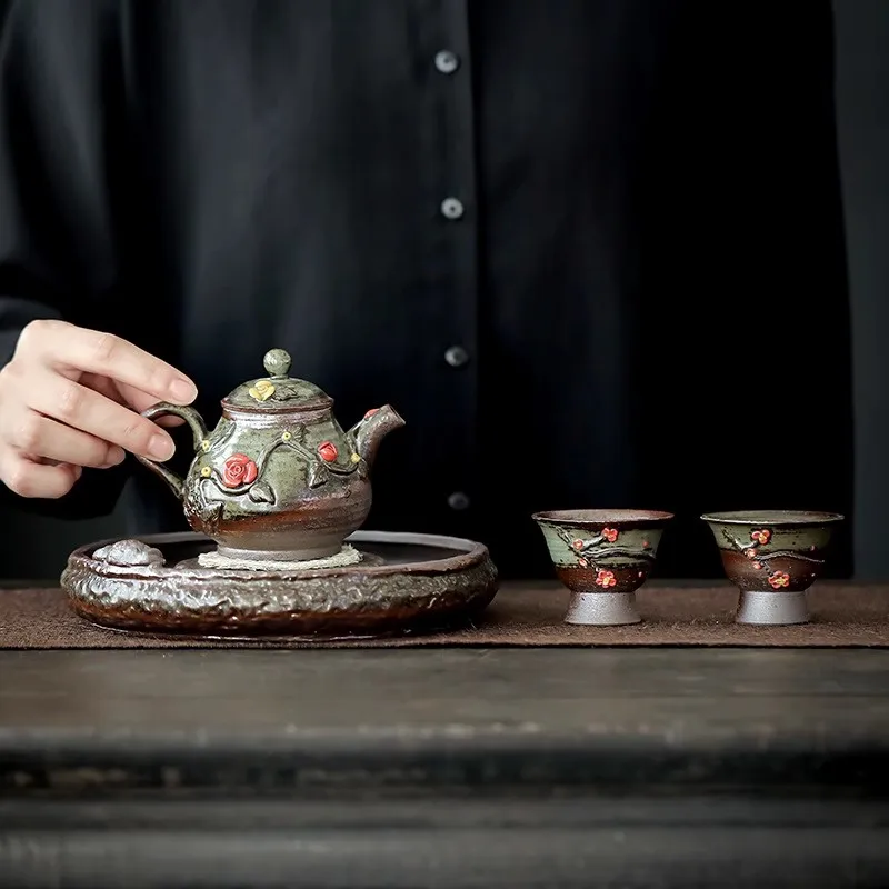 Wood-fired Hand-made Teapot Japanese Retro Coarse Clay Tea Infuser Kung Fu Tea Accessories Teapot Hand-hammered Beam Pot