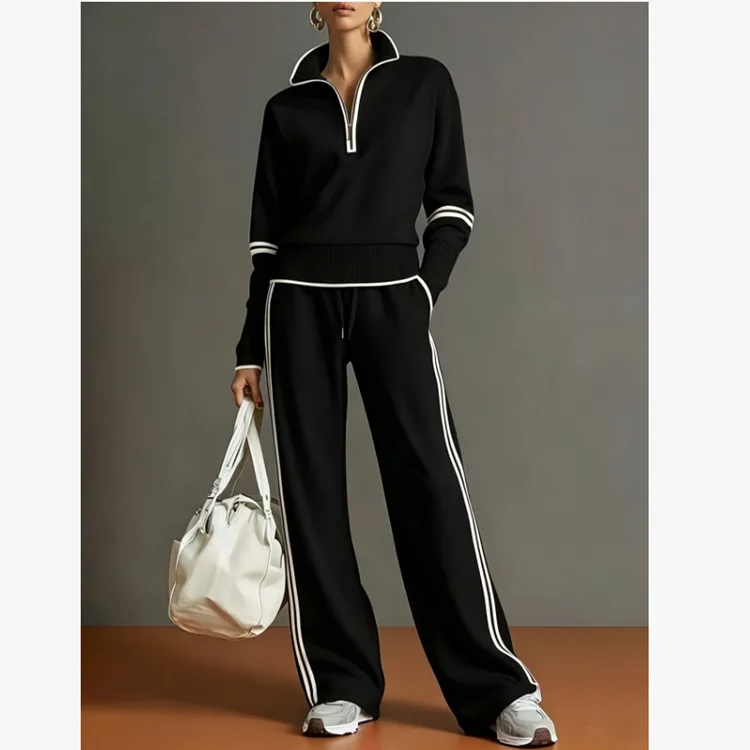 Women Quarter Zip Sweatshirt Wide Leg Pants Set Striped Trim Casual Loungewear 2 Piece Outfit for Everyday Wear and Relaxed Days