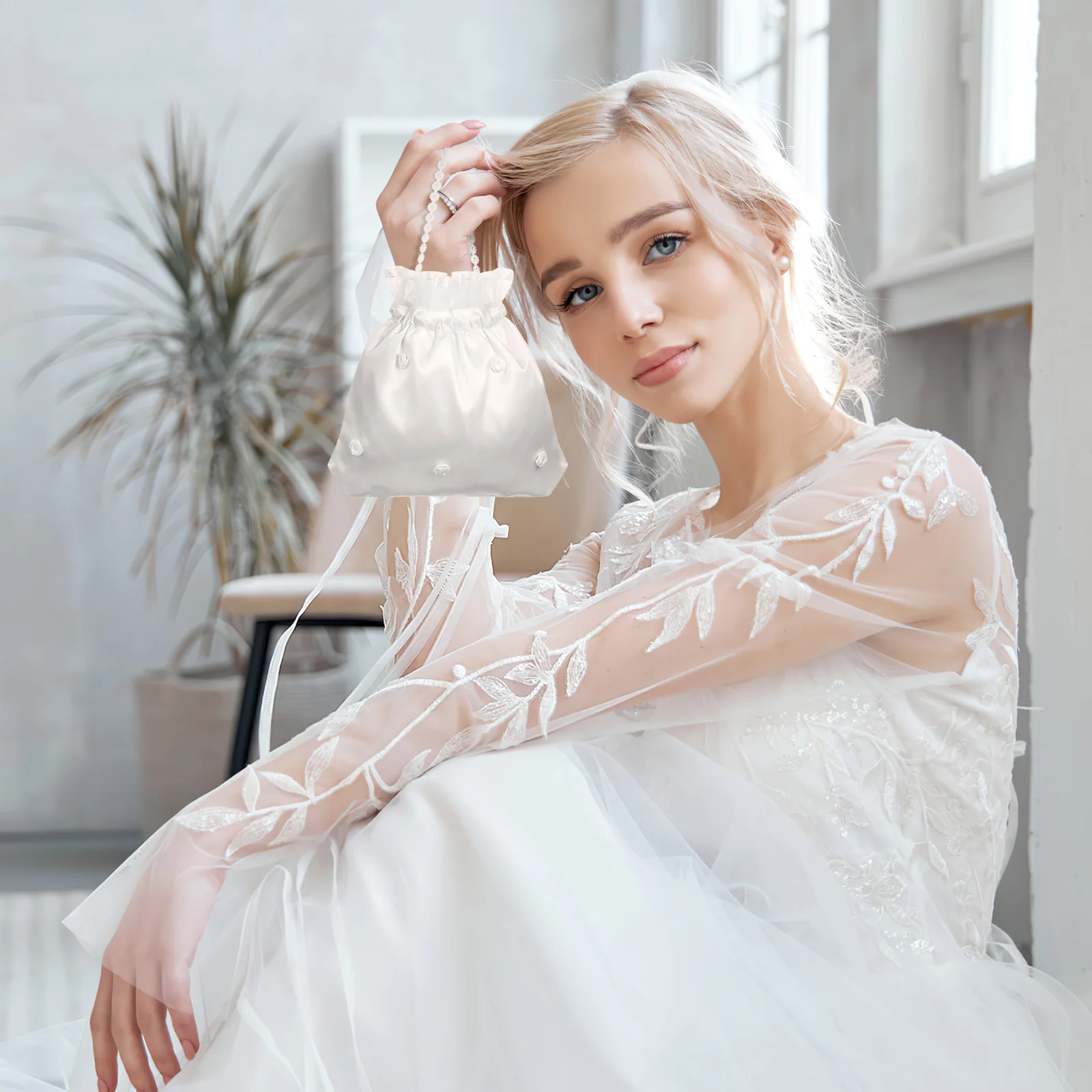 Bolso Dolly de encaje satinado blanco, accesorios de boda, bolso