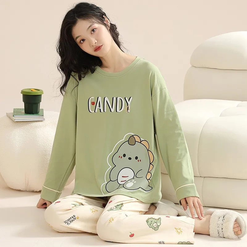Spring Autumn Women's Combed Cotton Pajamas Long Sleeve Pants Home Clothing Set Sweet Cute Cartoon Loose Sleepwear