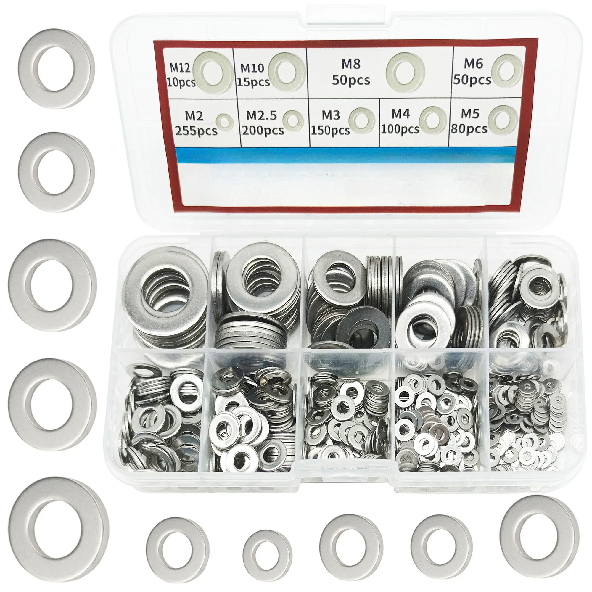 910/200pcs 304 Stainless Steel Flat Washers Assortment Kit M2-M12