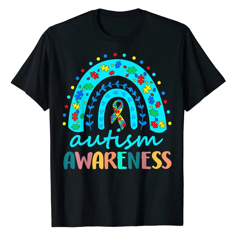 

Puzzle Rainbow In April We Wear Blue Autism Awareness Month T-Shirt Sayings Quote Autistic Graphic Tee Tops Short Sleeve Blouses