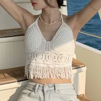 Femmes Crochet haut à licou été plage tricot réservoir court frange Boho à lacets dos nu Cami Blouse Festival vacances porter 4