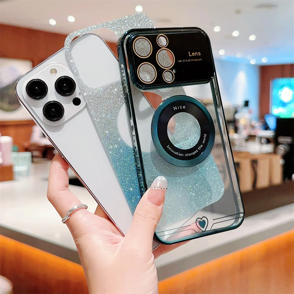 Gradient Glitter Love Heart Magnetic Clear Phone Case For iPhone 15 14 13 12 11 Pro Max Plus Bumper Lens Protector Soft_voghion.com