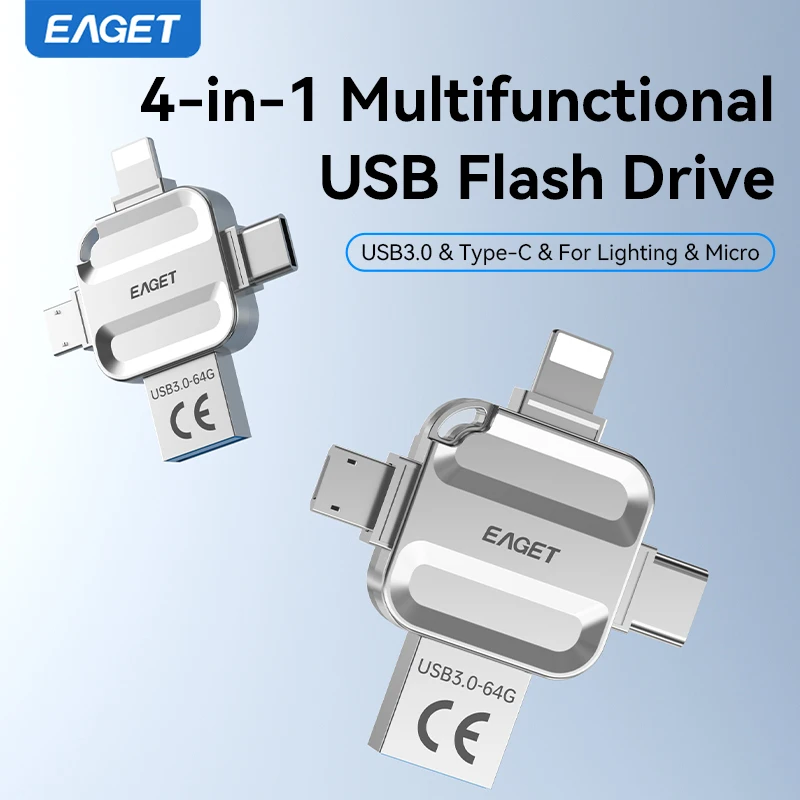 이게트 4 in 1 미니 USB 플래시 드라이브 USB 타입 C 마이크로 B 라이트닝 to USB 3.2 펜드라이브 USB 메모리 스틱 (휴대폰, PC, 노트북용)