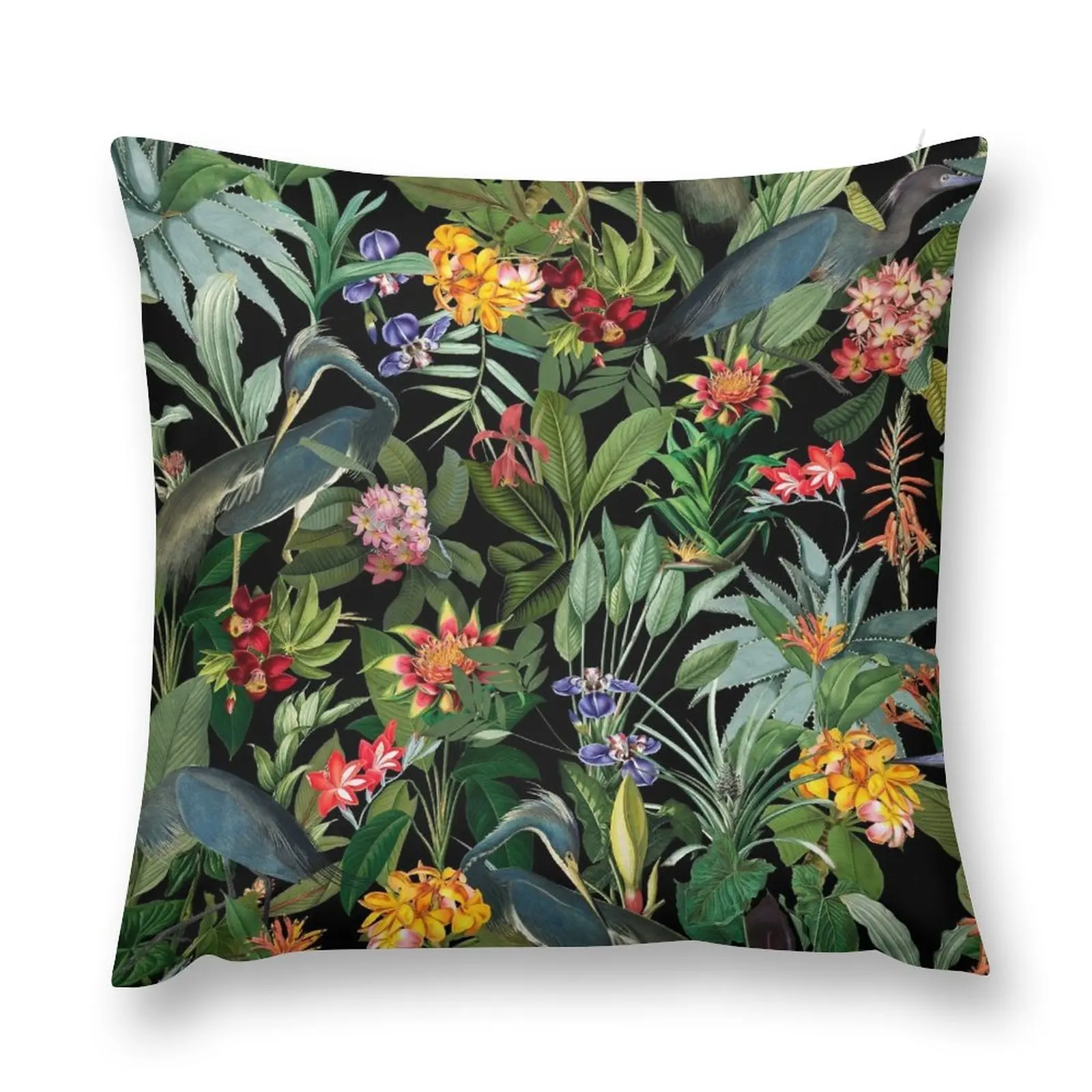 

Vintage Pattern - Blue heron and tropical flowers Botanical Night Garden Throw Pillow Pillowcases For Pillows