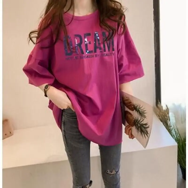 

APIPEE Mid-length Short-sleeved T-shirt Women's Summer New Large Size Women's Loose and Thin Western-style Belly Cover Top