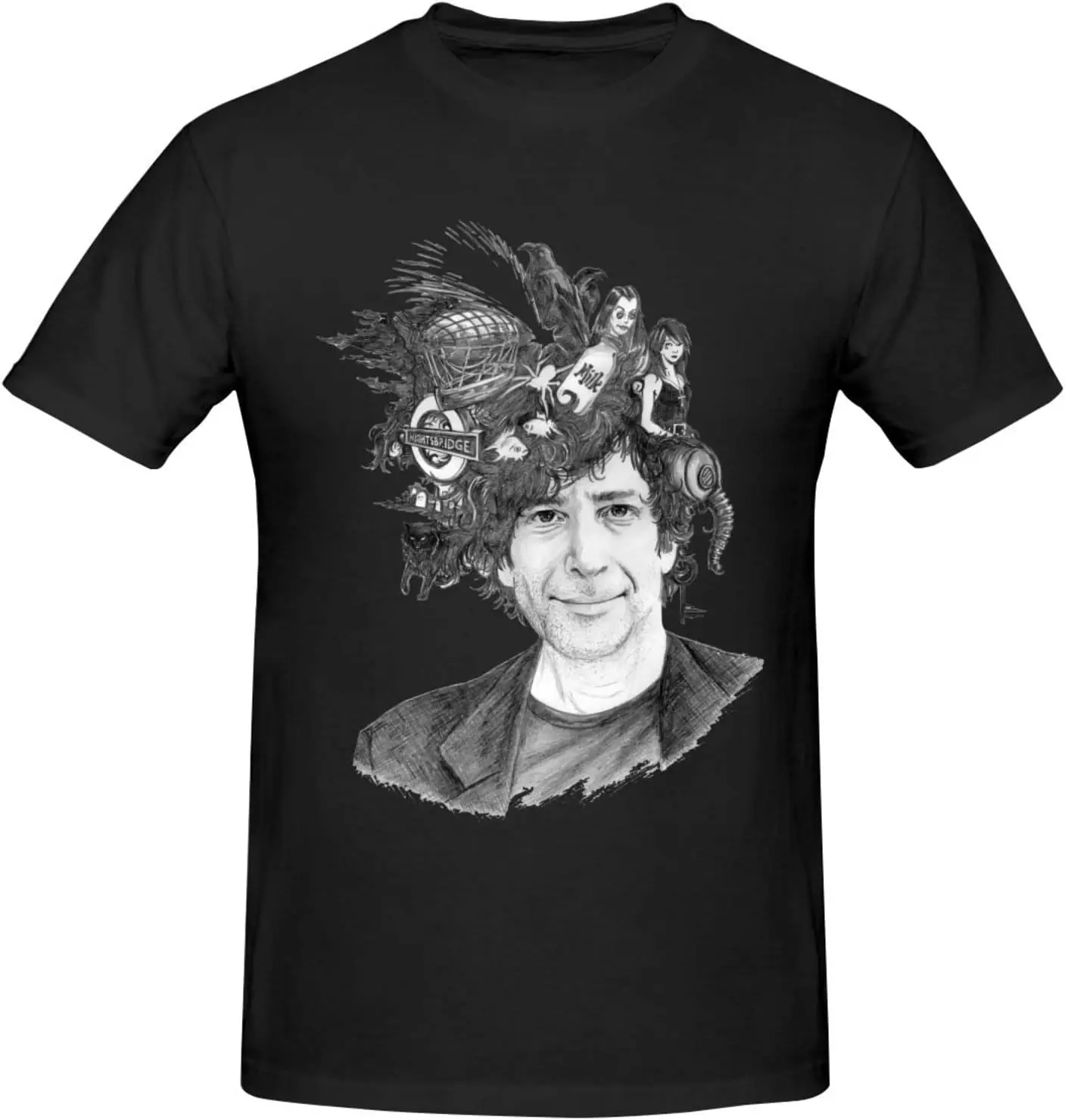 

Neil Gaiman Men's Short Sleeve Graphic T-Shirts Casual Novelty Cotton Crewneck Tees Black