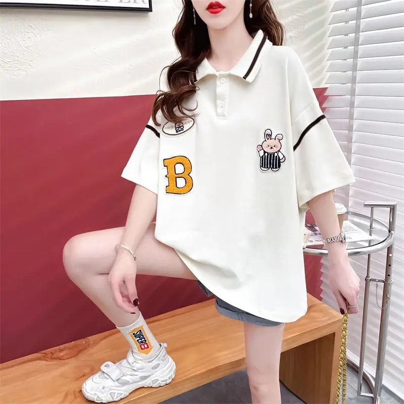 

Large Size Women Cotton Polo Shirt Cartoon Appliques Short Sleeve Lapel Female Pullover Top Cute Loose Clothes For Spring Summer