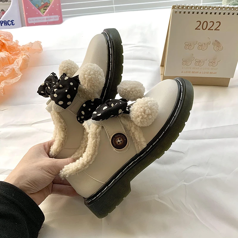Lolita Sweet Girl Round Head Leather Shoes Winter Plus Velvet Warm Boots Women's Soft Girl Bowknot Kawai Women's Cotton Shoes