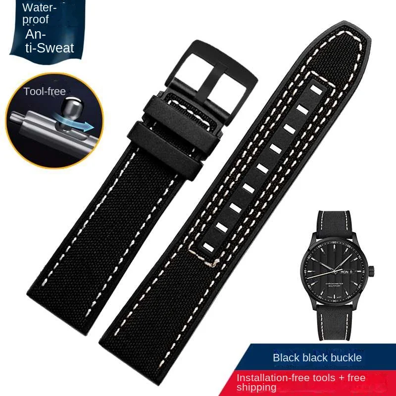 thumbnail image 1 of Correa inferior de silicona de lona de alta calidad de 22 mm para reloj de pulsera resistente al agua de la serie Mido Helmsman M038/M005, color negro y caqui, 1 of 5