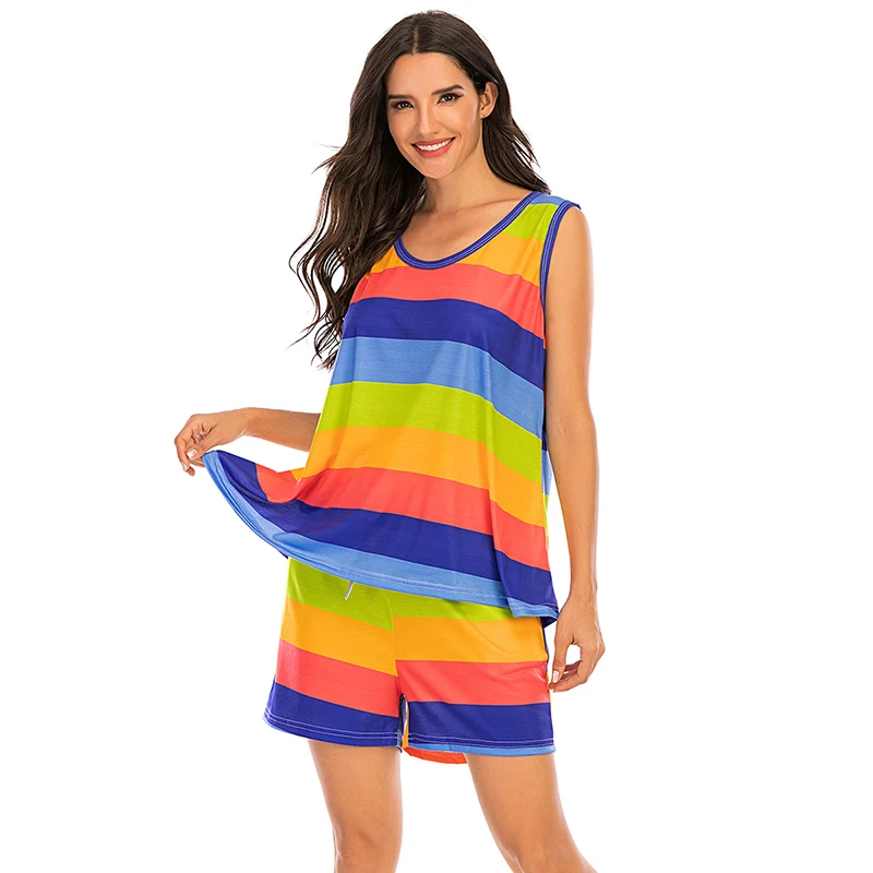 

Women's Pajamas Summer Short Sleepwear Soft Comfortable Pajamas Set Stripe Print Lady Pijama Woman 2 Pieces Homewear S-5XL