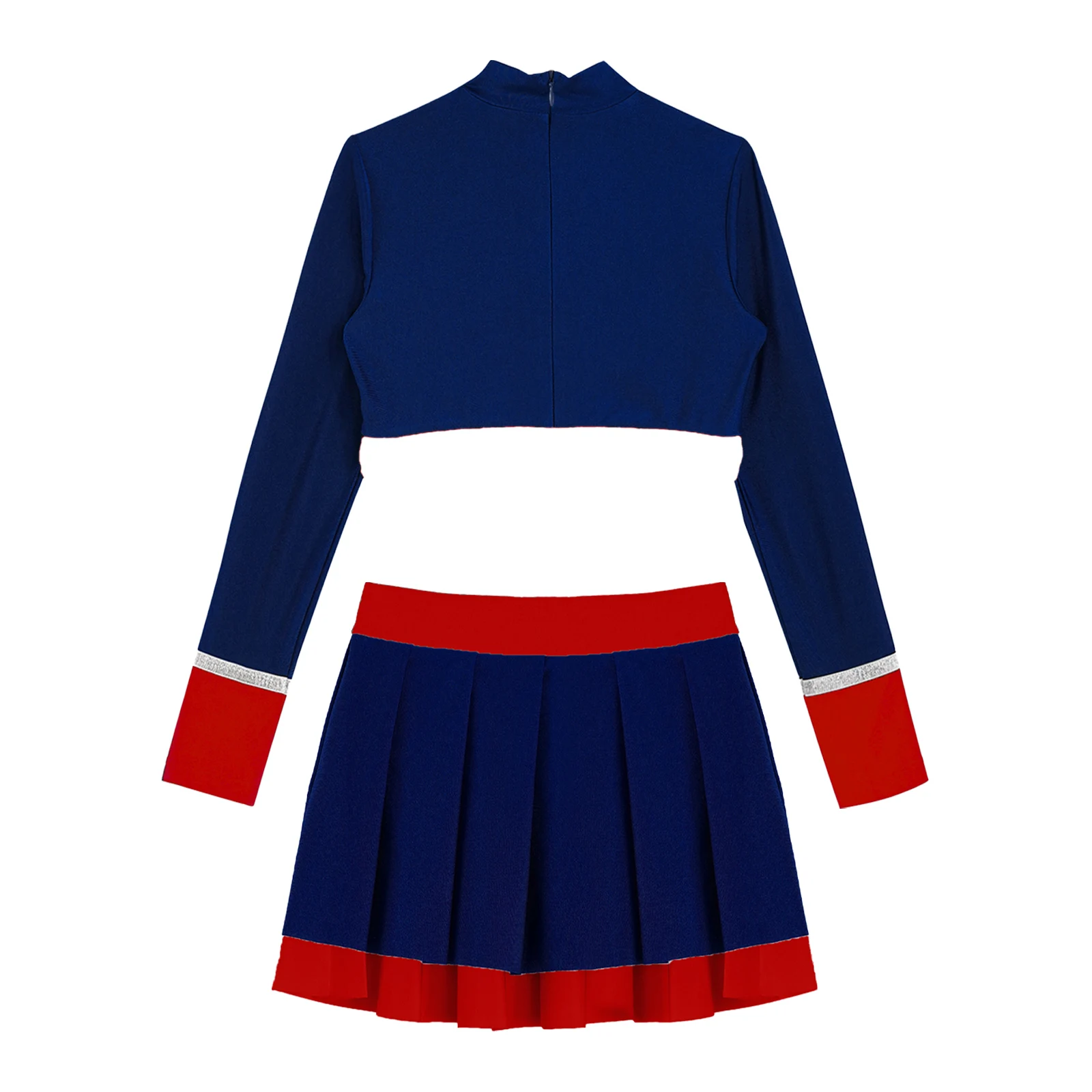 Description Picture 5 of itemKids Girls Cheerleading Dance Outfit School Girls Cheerlead Uniform Teamwear Patchwork Long Sleeve Crop Top with Pleated Skirt