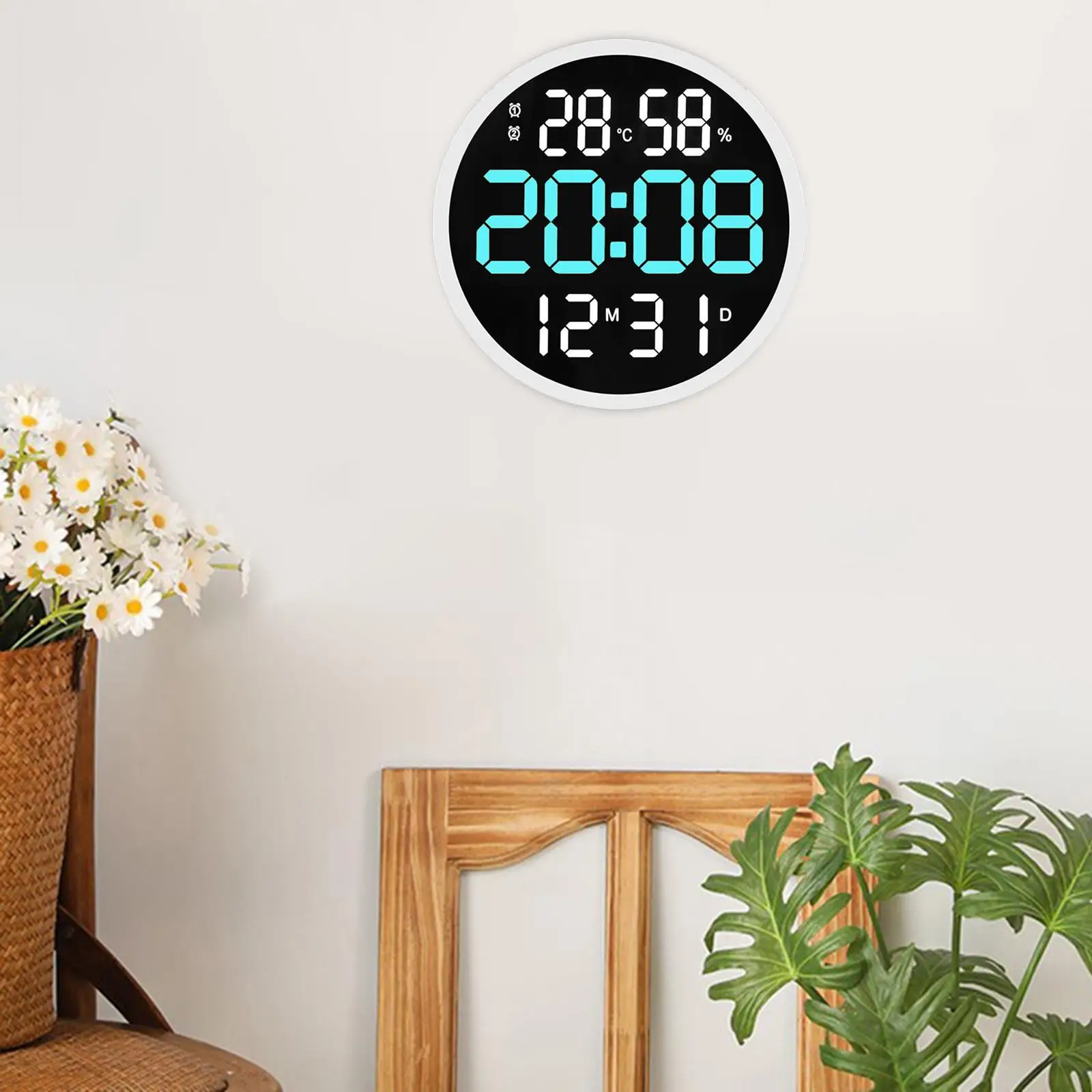 Round 12 inch Digital Wall Clock Adjustable Brightness Large Display 12/24H LED Alarms Clock for Restaurant kitchen Bedroom