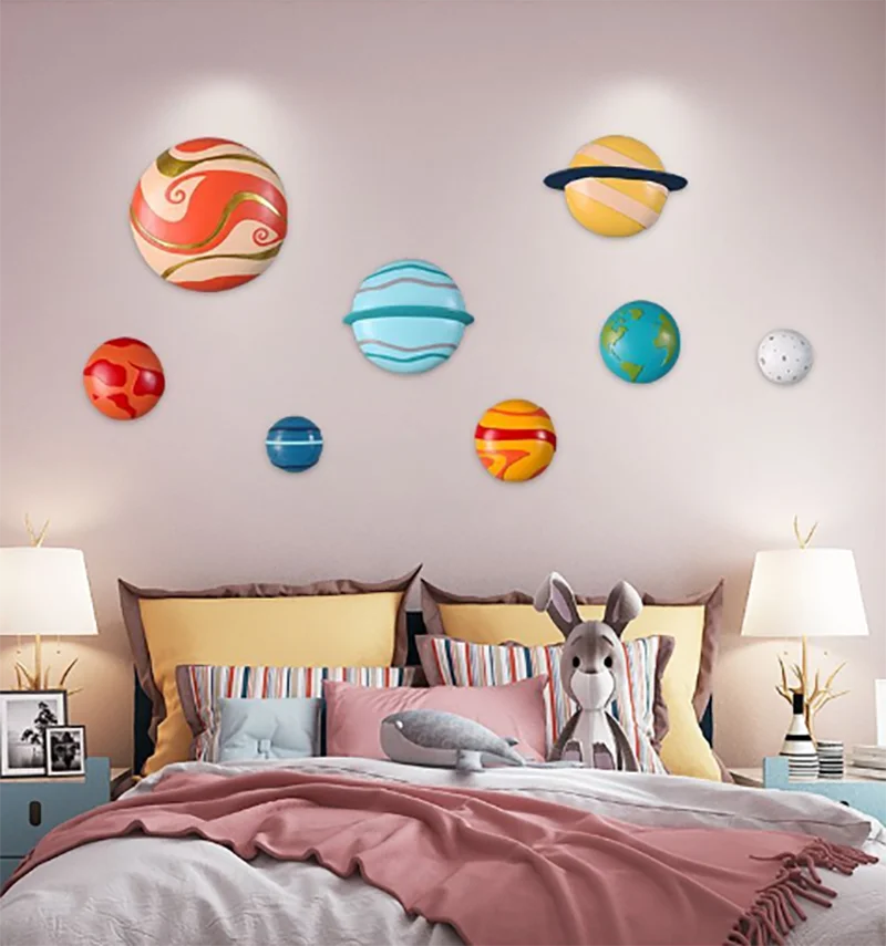 Nordic Colorful Space Planet Resin Wall Decoration Items Kindergarten Children's Room Wall Accessories Cafe Office Sticker