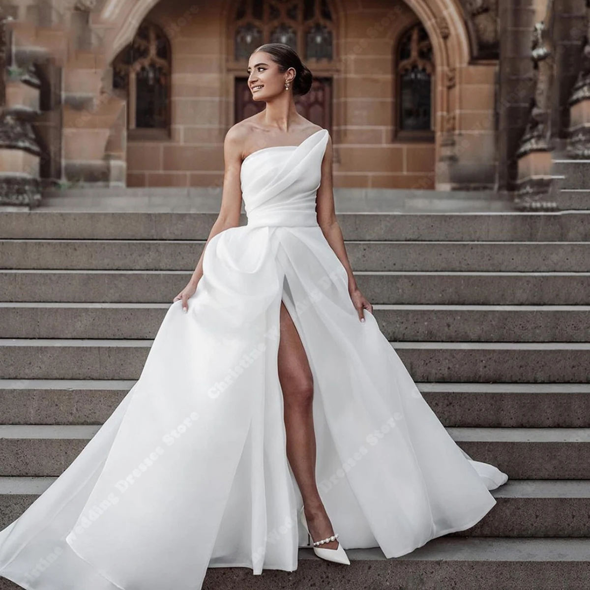 Pure White Puff Sleeve Satin Wedding Dress Sexy High Side Slit A-line Bridal Gowns Simple Styles Court Train Vestidos De Novia sexy beach wedding dress split side short puff sleeve summer bridal dresses 2021 robe de mariee satin wedding gowns boho backles