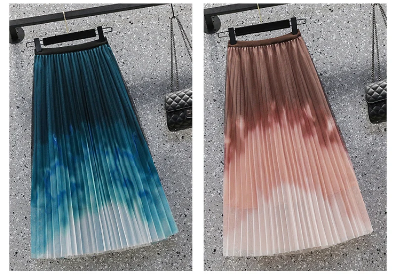 long skirts JMPRS High Waist Women Pleated Skirt Plus Size Tie Dye Gradient Summer Elegant A Line Midi Skirts Korean Fashion Tulle Skirt slazenger skort