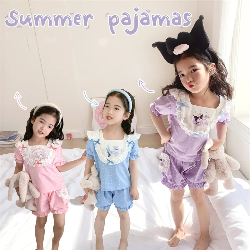 2023 Summer New Anime Sanrios Girls French Sweet Casual Suit Kawaii Cartoon  Kuromi Short-sleeved Children's Pajamas Homewear Set