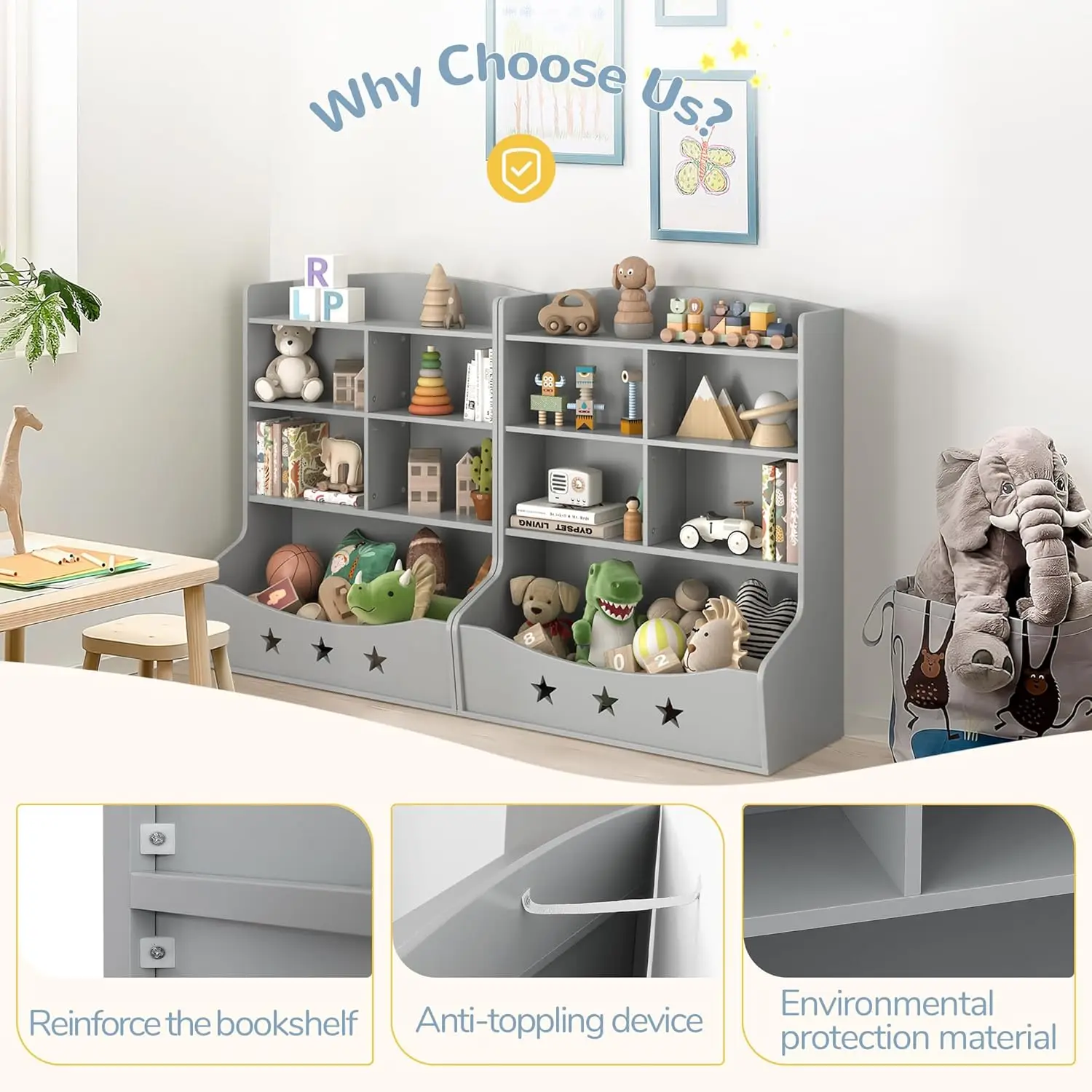 Kids Bookshelf, Three-and-a-Half Tier Wooden Bookcase, Bookshelf for Playing Room, Nursery, Bedroom, Toy Storage Cabinet