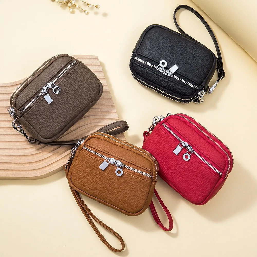 

Genuine Leather Double Zipper Wallets Bag Card Hoder Lipstick Case Mini Earphone Coin Purse Key Pouch For Women Girl Handbag