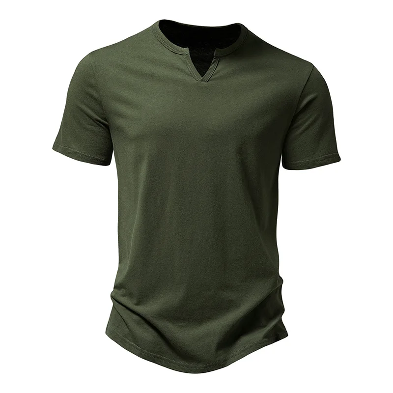 VintageArmyGreenVNeckTShirtMen2023BrandSlimFitShortSleeve
