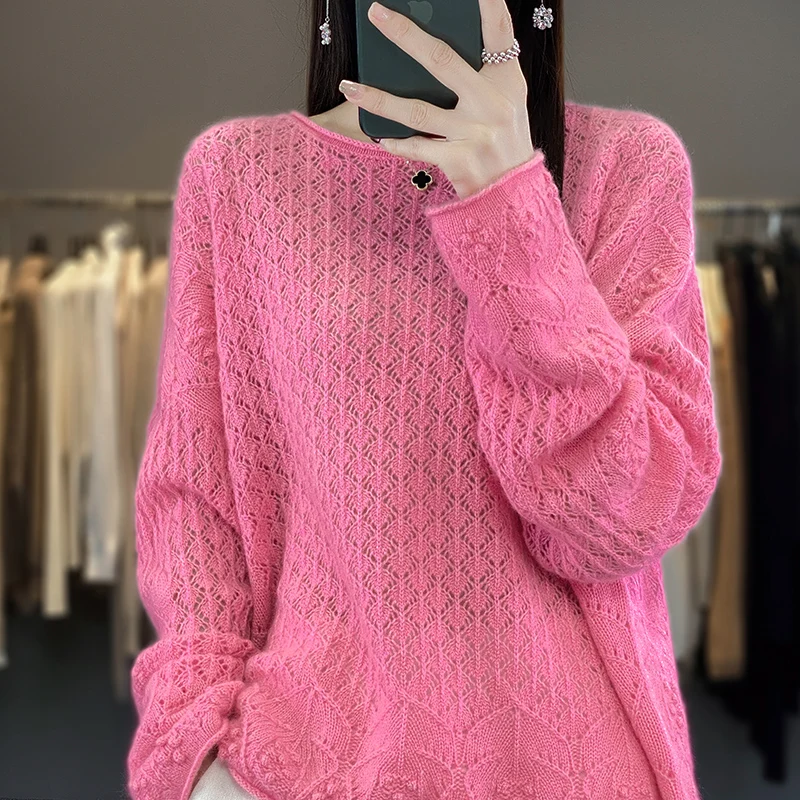 

2023 Autumn Winte Cashmere Sweater Women's Clothing O-Neck Pullover Fashion Korean Knitted Hollow Top Luxury Jumper 100% wool