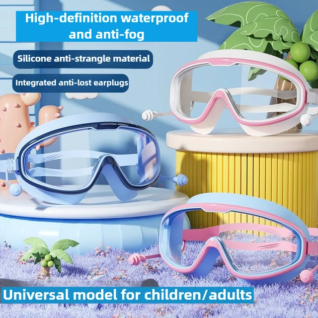 1× Lunettes de natation à grande monture pour enfants et adultes, anti-buée, sans fuite, vision large et claire, pour plongée sous-marine, avec bouchons d'oreilles 1